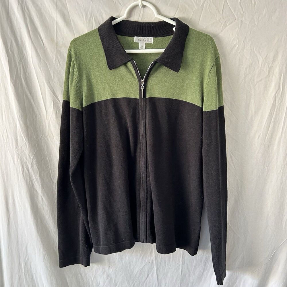 90s Vintage Sweater Top XL Colorblock Fisherman Granola Striped Grunge Green Zip